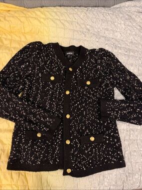 Express Black and White Tweed Cardigan Blazer with Gold Buttons